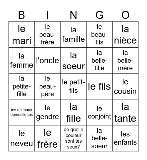 Les membres de la famille Bingo Card