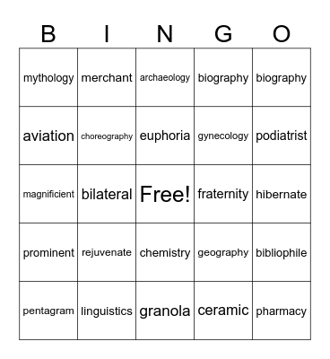 Greek and Latin Roots Bingo Card