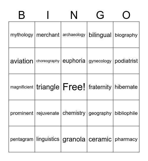 Greek and Latin Roots Bingo Card