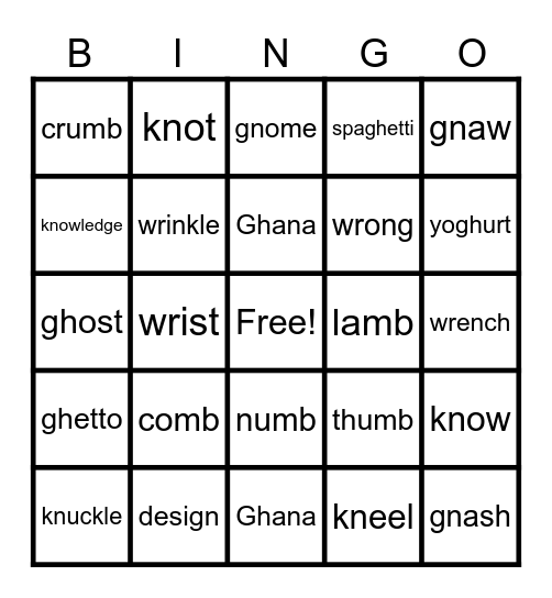 Silent Consonants Bingo Card
