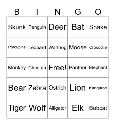 Animal Bingo Card