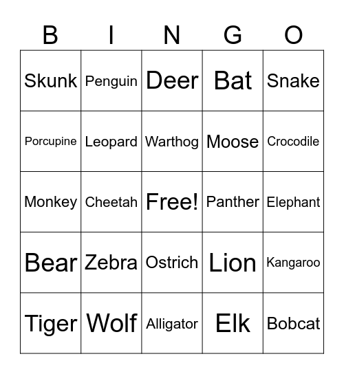 Animal Bingo Card