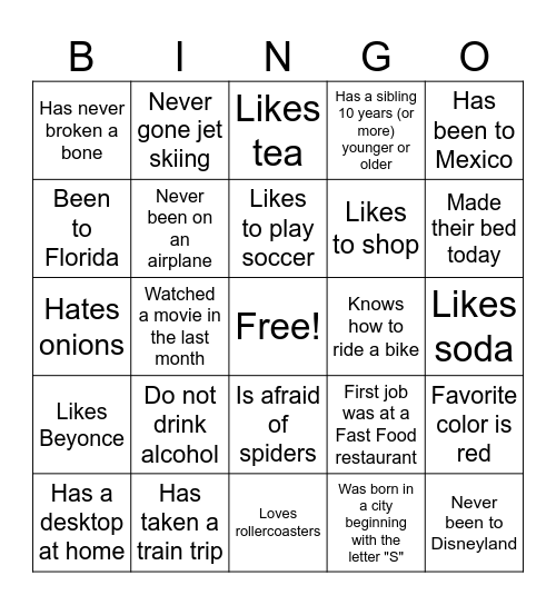 Get to Know You Bingo Card