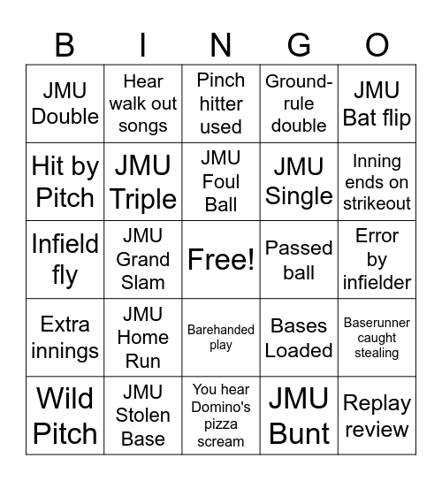 JMU Baseball BINGO Card