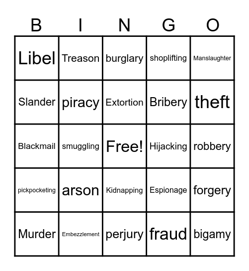 Crimes Bingo Card