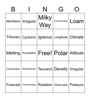 Earth Science Bingo Card