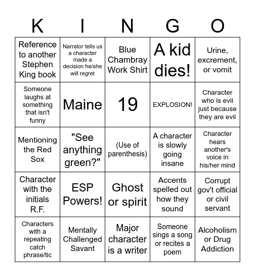 Stephen King Bingo Card