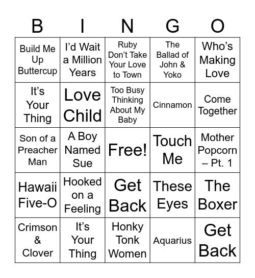Top Hits 1969 Bingo Card