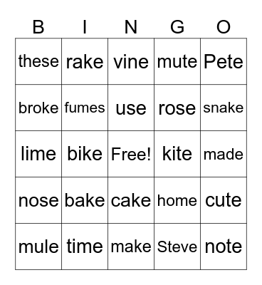 long vowels Bingo Card