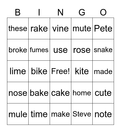 long vowels Bingo Card