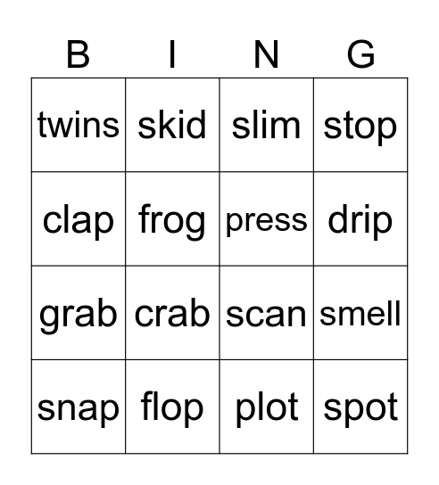 Blends Bingo (SHORT VOWEL) Bingo Card