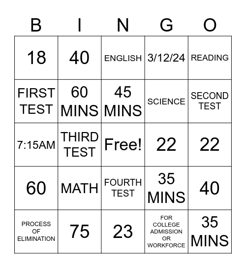 ACT PREP Bingo Card