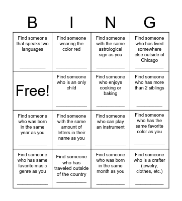 Find Someone Who Bingo Card