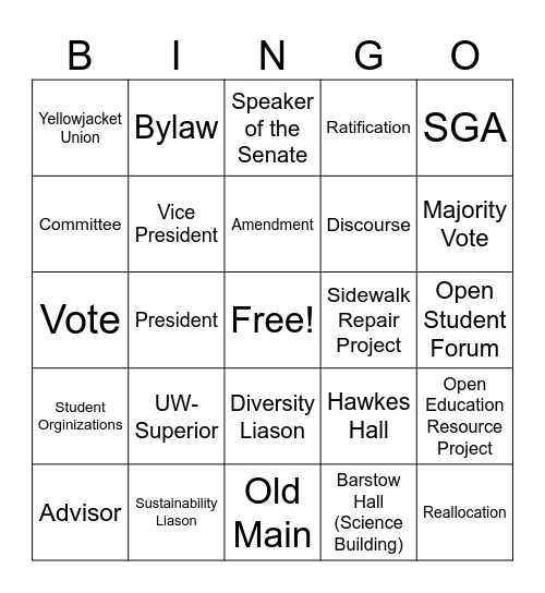 SGA/YAC Room Essentials Bingo Card