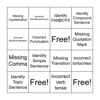 Grammar Detectives! Bingo Card