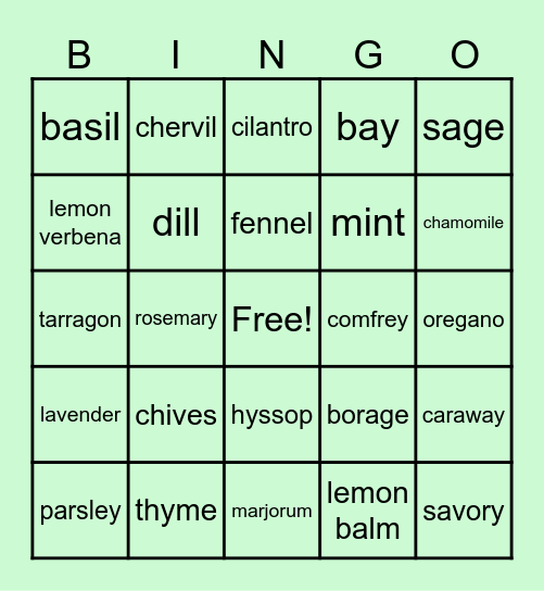 Herb Bingo Card