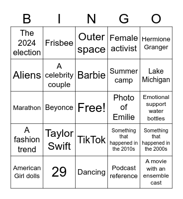 Emilie's Birthday Powerpoint Party Bingo Card