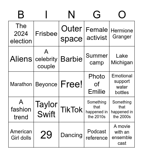 Emilie's Birthday Powerpoint Party Bingo Card