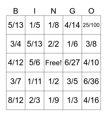 Equivalent fractions Bingo Card