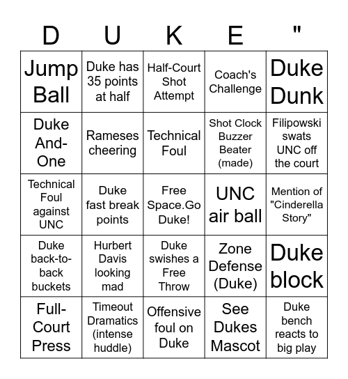 UNC / DUKE BINGO! Bingo Card