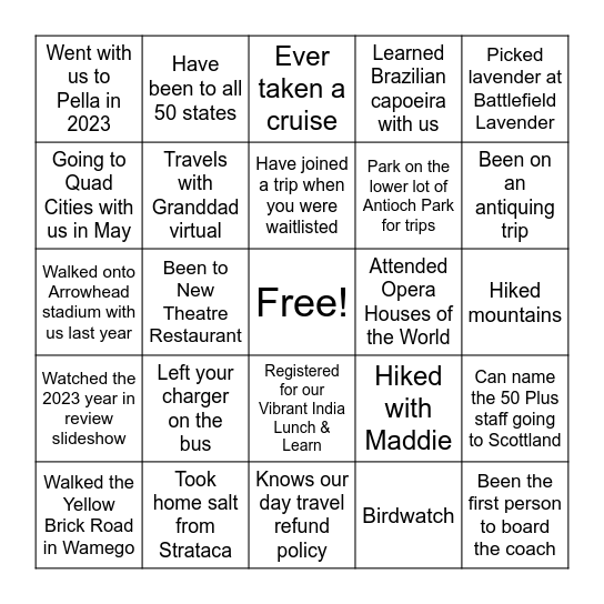 On the Road Bingo Card