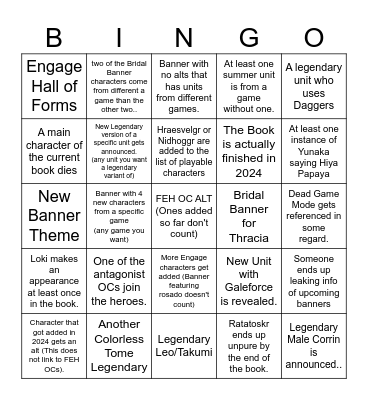 Fire Emblem Heroes 2024 Bingo Card