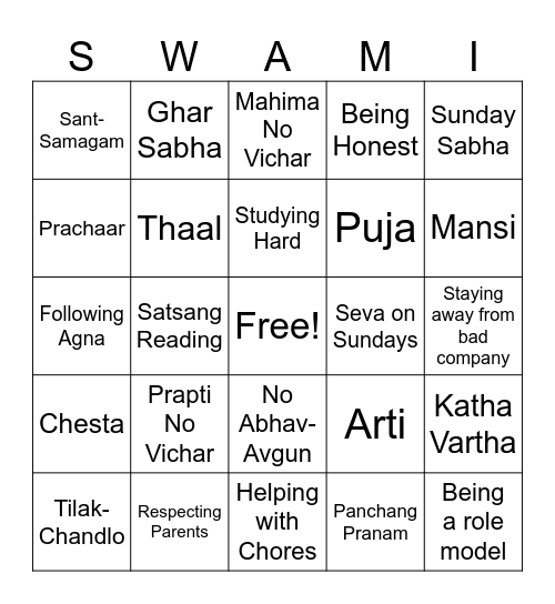 Satsang Bingo Card