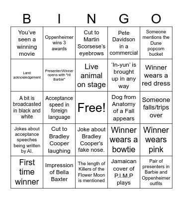 Oscars 2024 Bingo Card