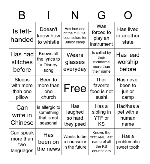 ~ Get to know you ~ Bingo Card