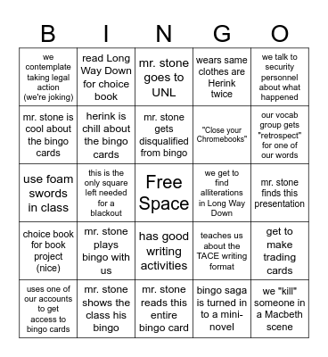 Mr. Stone 3rd Quarter Bingo Card