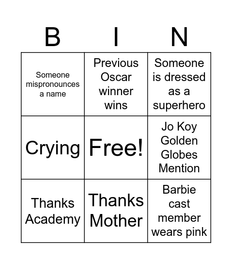 Oscars Bingo Card