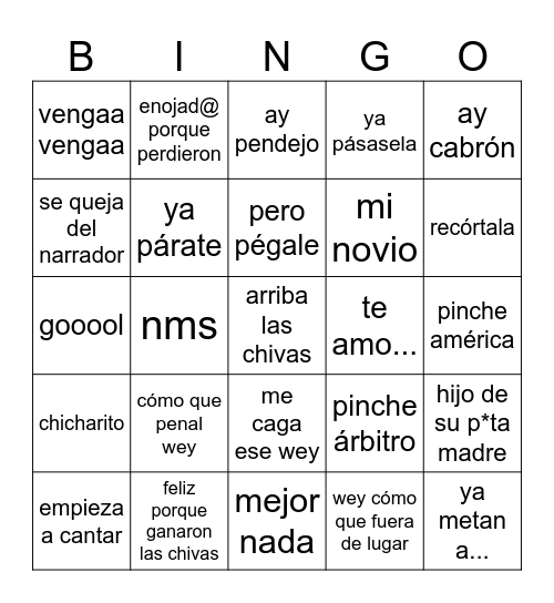 CLÁSICO CHIVAS VS AMÉRICA Bingo Card