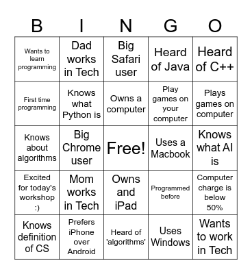 Tawasaw x MTC Programming Workshop Bingo Card