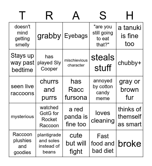 Raccoon Bingo Card