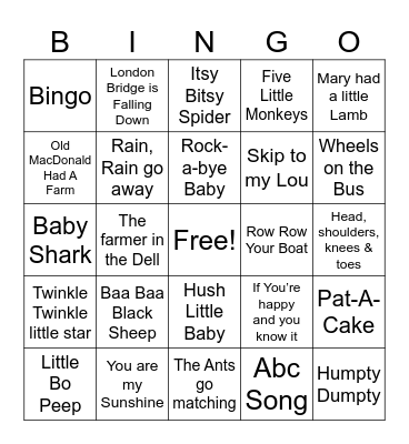 Baby Nursery Songs Bingo Card