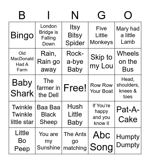 Baby Nursery Songs Bingo Card