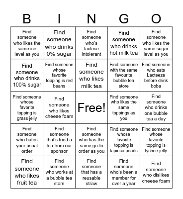 bubble tea Bingo Card