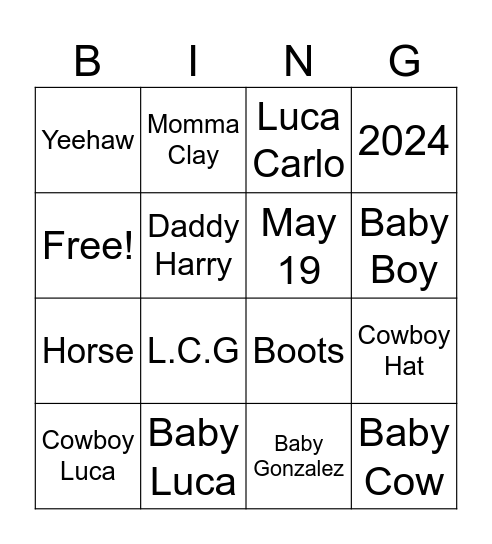 Baby Luca Baby Shower Bingo Card