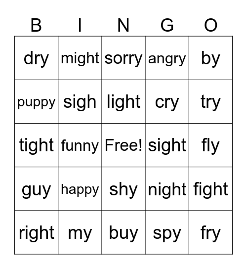 "-y" and "igh" words Bingo Card