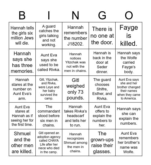 Chapters 18,19 & Epilogue Bingo Card