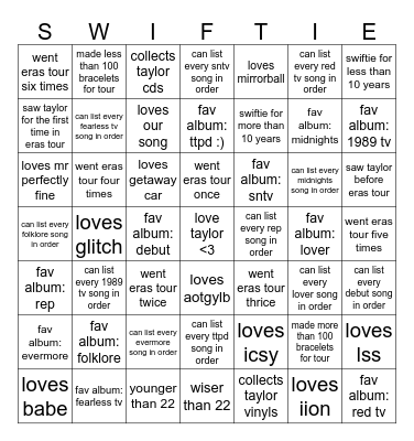 Swiftie Bingo! 100324 Bingo Card