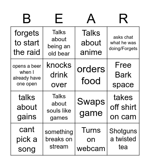 Bear Drunk Bingo Card