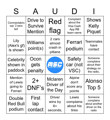 F1 Saudi Arabia GP 2024 Bingo Card