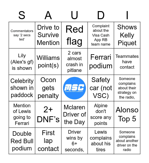 F1 Saudi Arabia GP 2024 Bingo Card