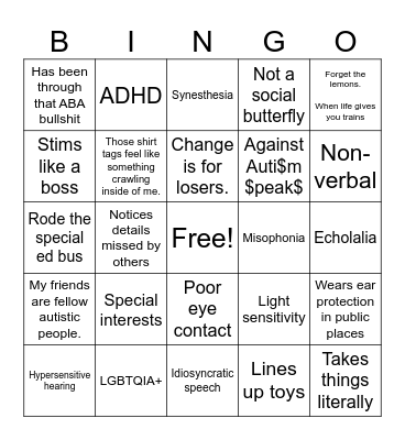 Autism Bingo Card