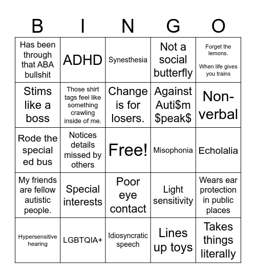 Autism Bingo Card