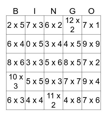 multiplication Bingo Card