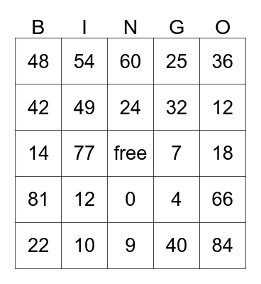 Multiplication Bingo Card