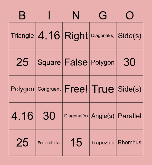 MATH BINGO Card