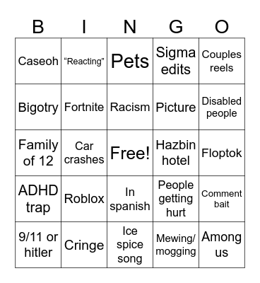 Instagram reels Bingo Card